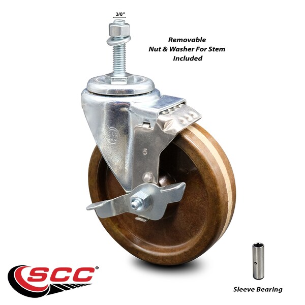 5 Inch High Temp Phenolic Wheel Swivel 3/8 Inch Threaded Stem Caster with Brake